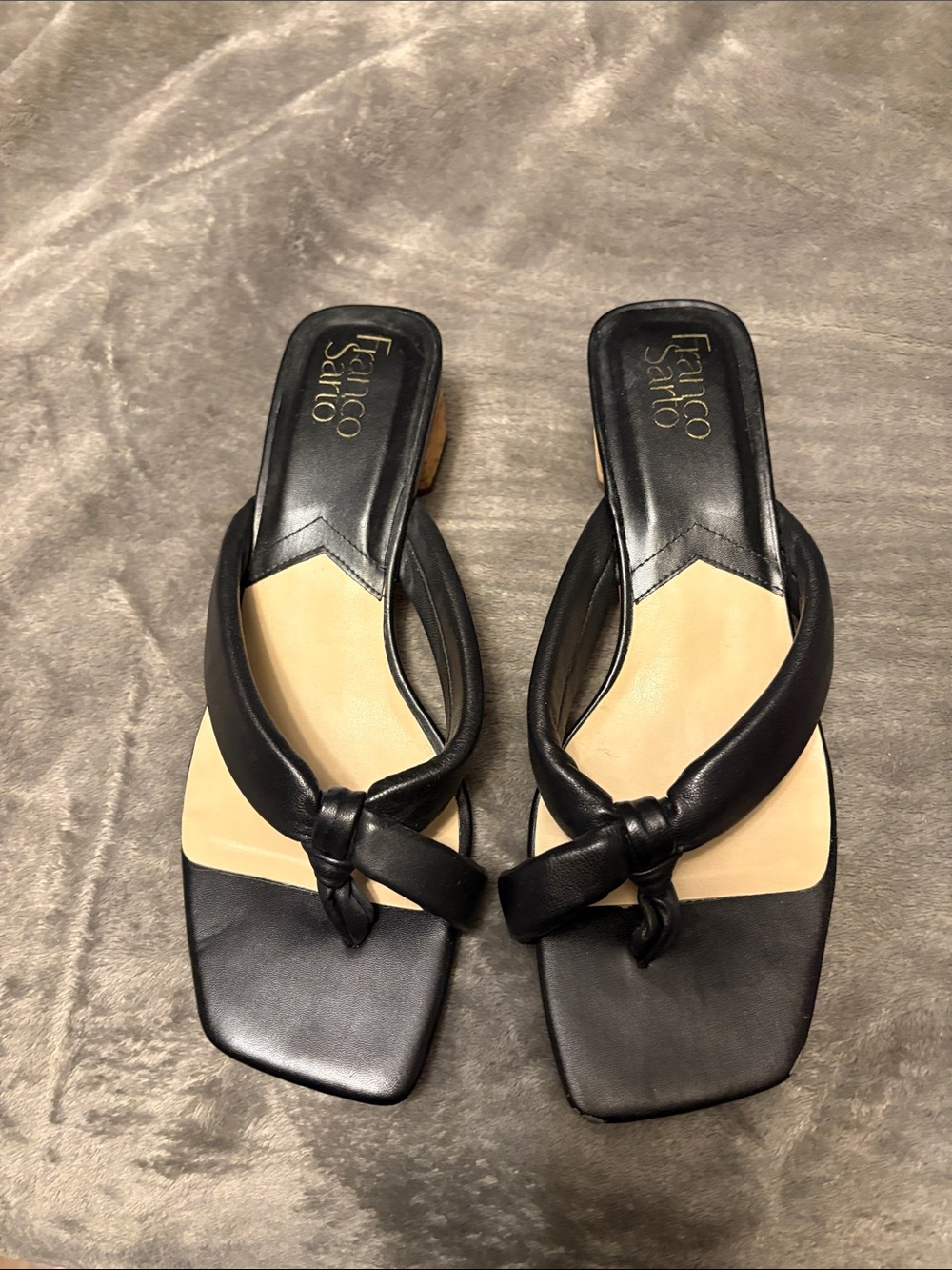Franco Sarto Black and Cream Knotted Toe Slide Sandals